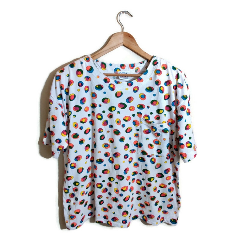EXTRA ELEMENTS Vintage White Multicolor Circle Candy Ball Funky Print Shirt L